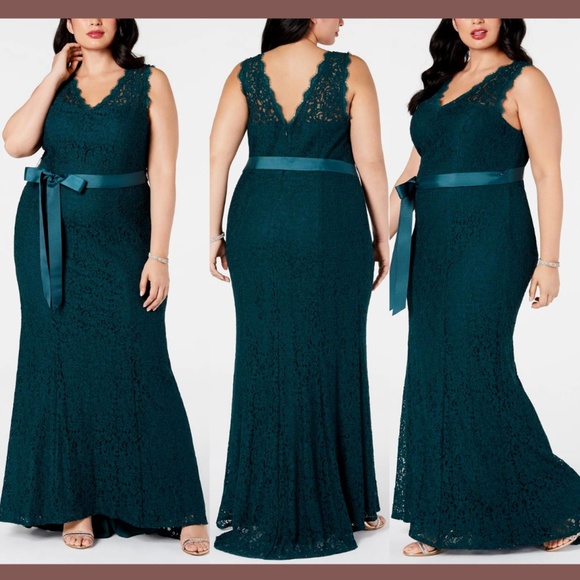 NEW Adrianna Papell [ Plus Size‎ 20W ] Ribbon-Belt Lace Gown in Forest - Picture 1 of 12